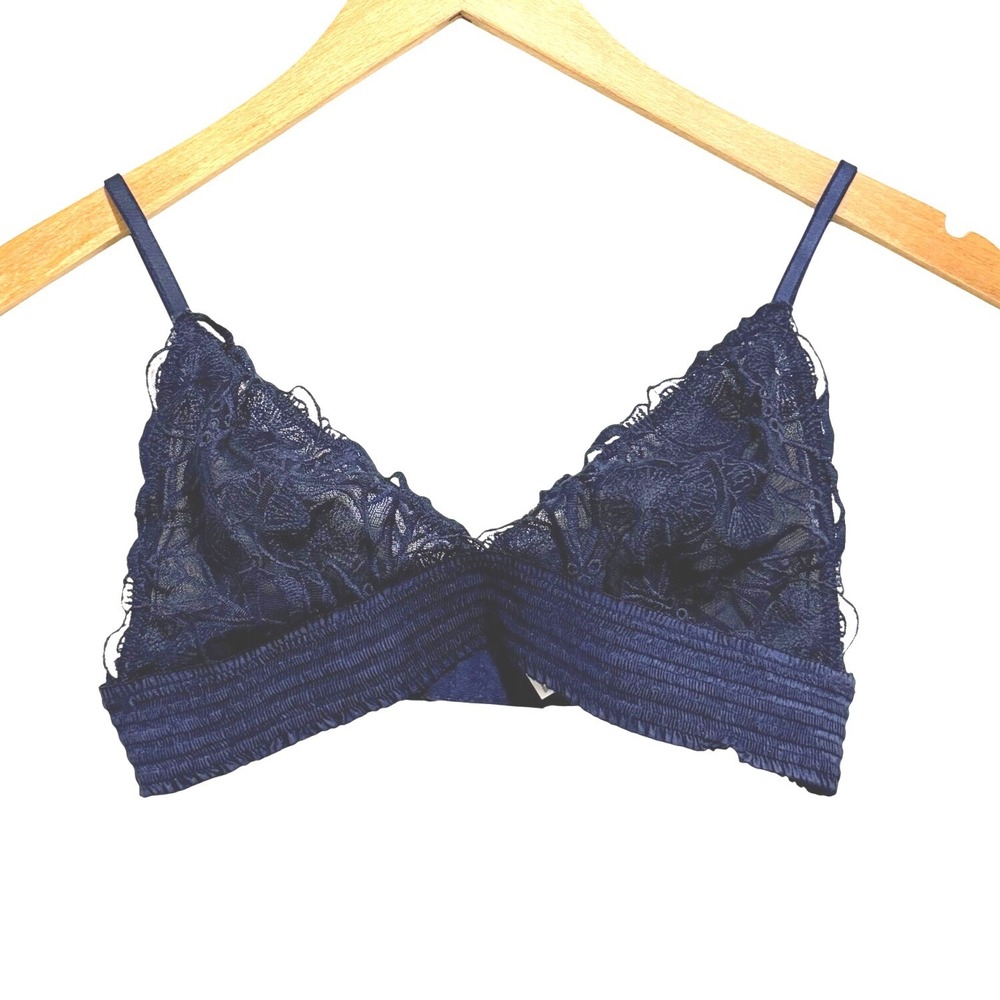 Aerie Navy Blue Floral Lace Triangle Bralette Smocked Band Women's Small Sexy